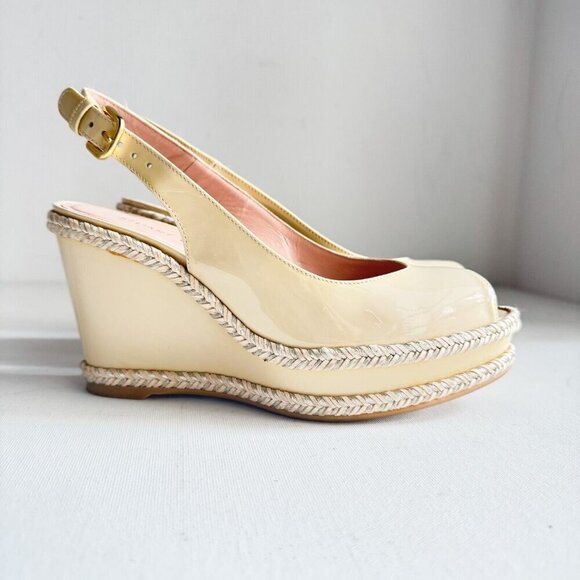 Stuart Weitzman Nide Ivory Beige Patent leather Wedge Peep Toe Heels 6 - Picture 4 of 11